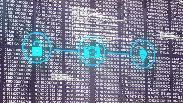 Animazione di una rete di icone digitali su elaborazione dati su sfondo blu