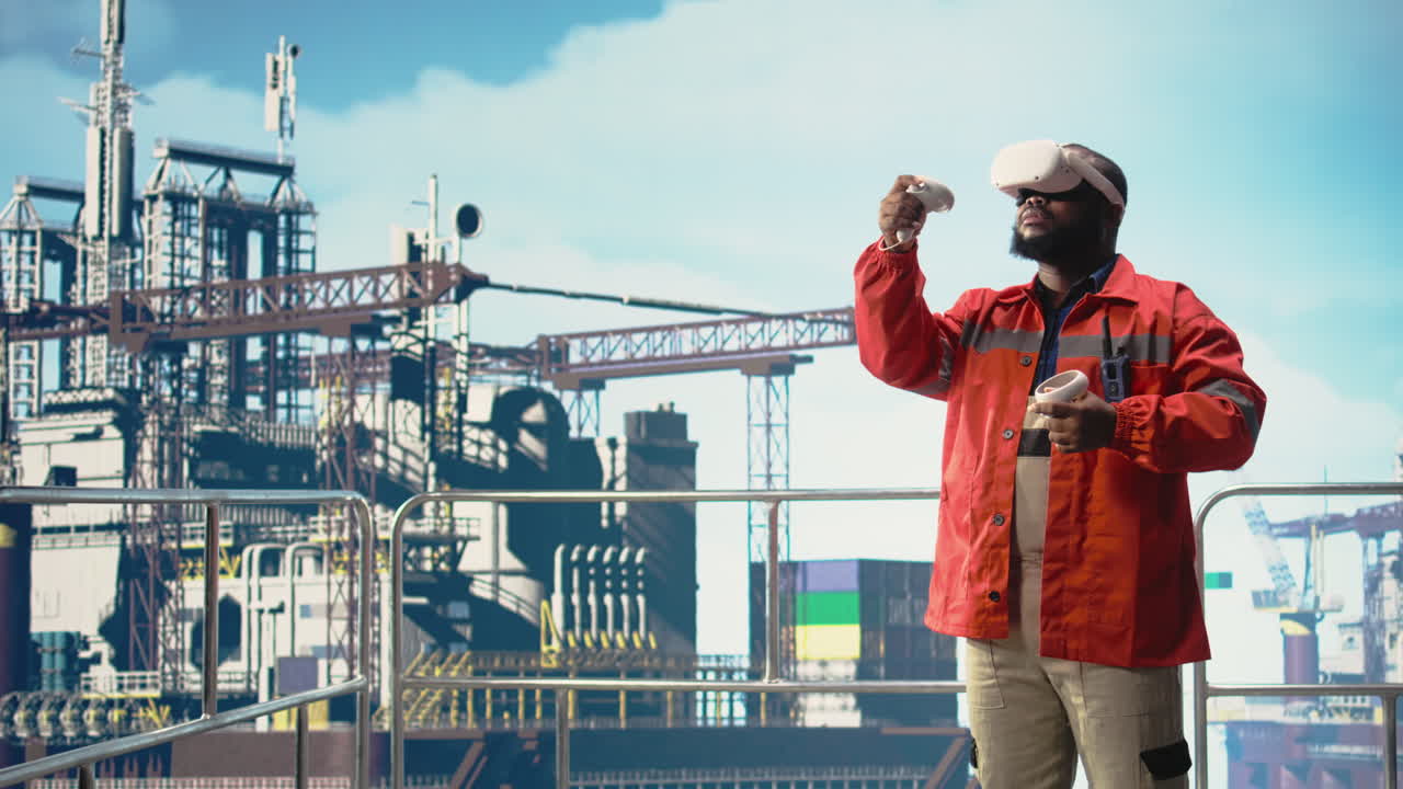 Vertical video Offshore platform expert supervising deck operations using virtual reality