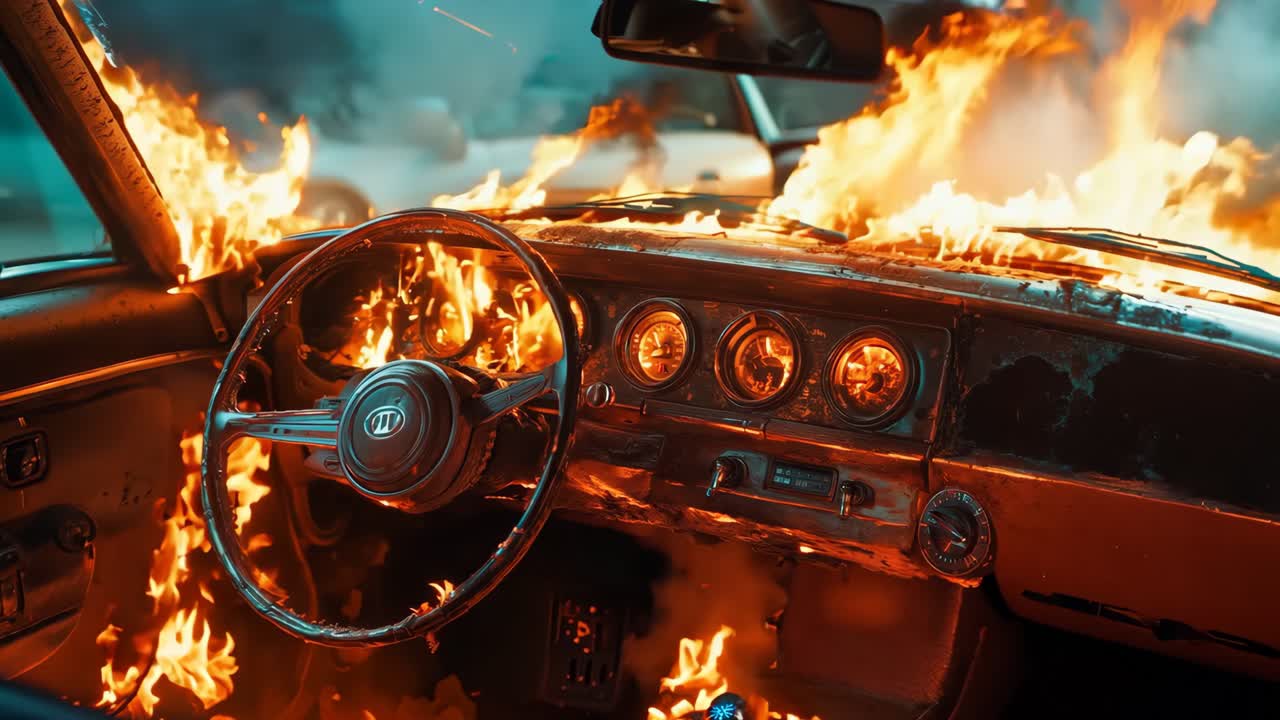 한 차가 도로 한가운데에서 불꽃에 싸여 있다