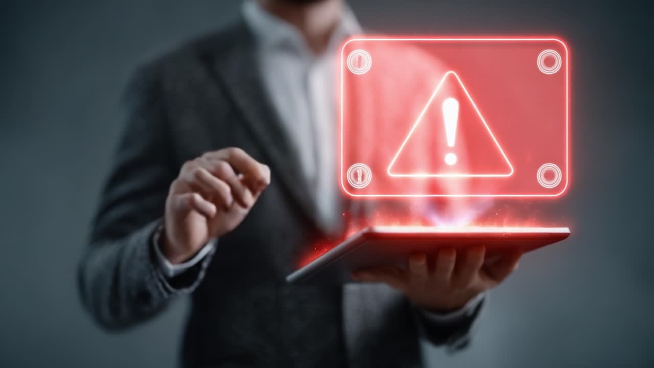 Presenting a Critical Warning: A Business Professional Interacting with a Digital Device Displaying a Vibrant Alert Icon Signaling Immediate Attention Required for Safety