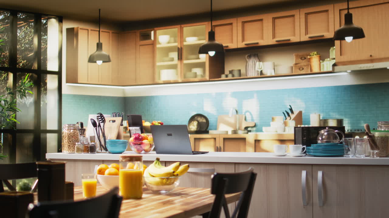 Bright modern kitchen interior with elegant furniture and wooden cupboards
