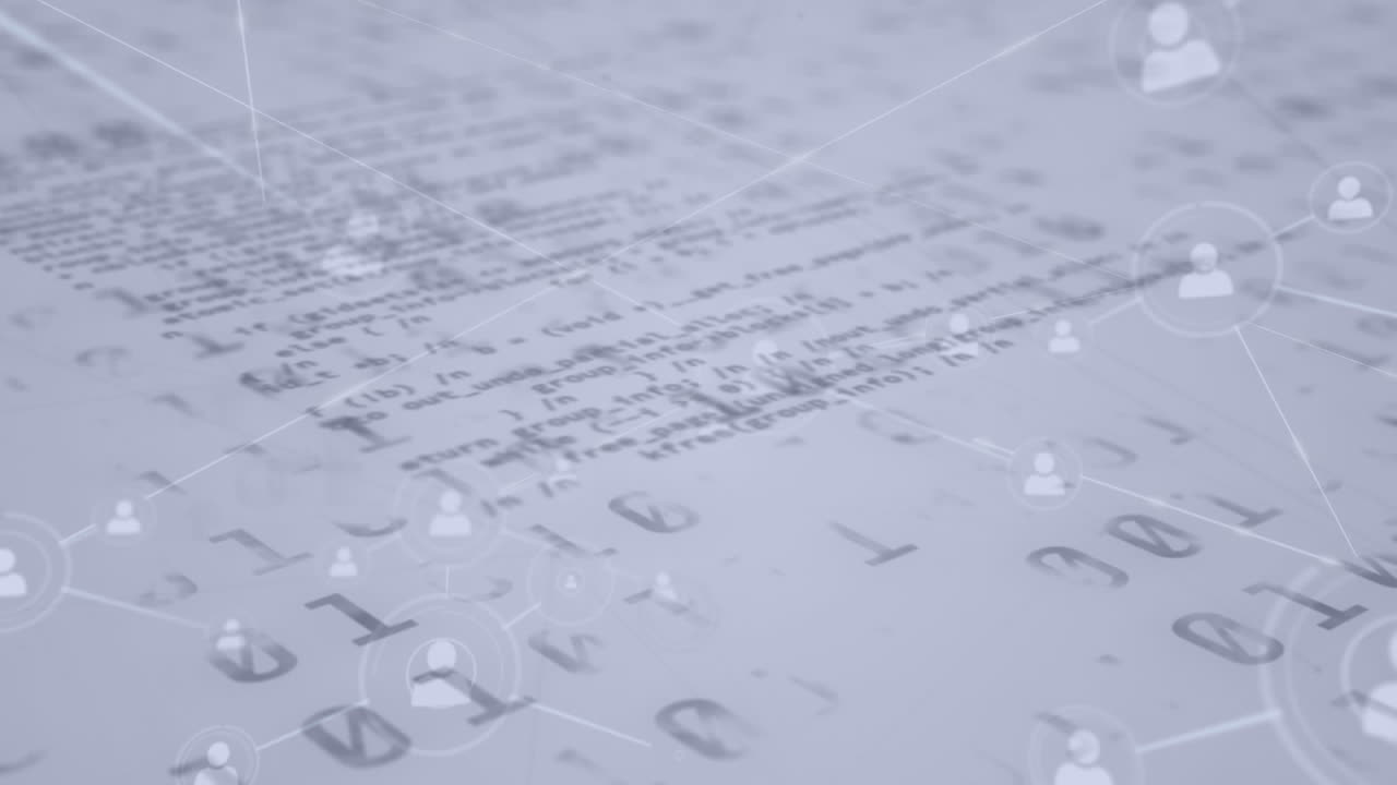 red de iconos de perfil contra el procesamiento de datos de codificación binaria sobre un fondo blanco