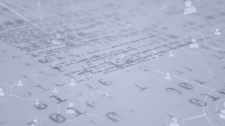 Network of profile icons against binary coding data processing on on white background