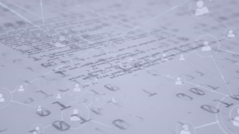 red de iconos de perfil contra el procesamiento de datos de codificación binaria sobre un fondo blanco