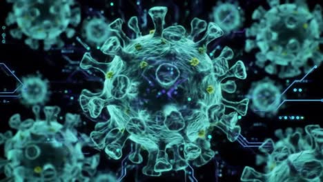 a visual exploration of the complex structure and behavior of coronavirus particles in a digital rendered environment, highlighting their intricate details and interactions
