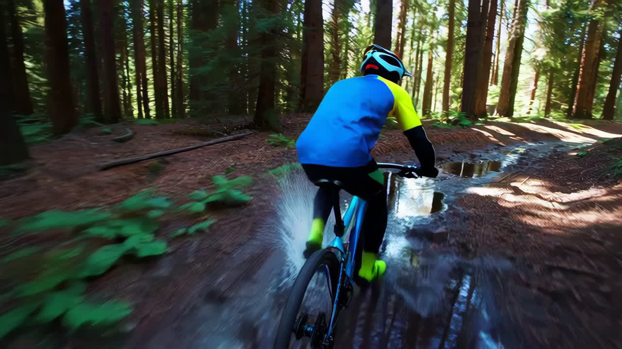 un ciclista de montaña montando a través de un sendero forestal