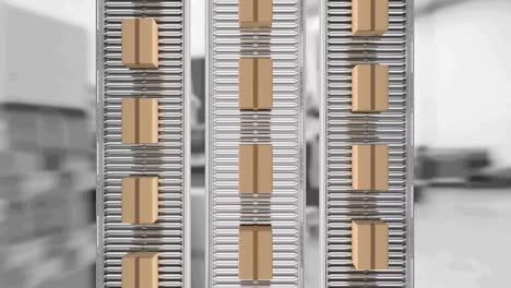 animación de cajas de cartón que se mueven en cintas transportadoras sobre el almacén