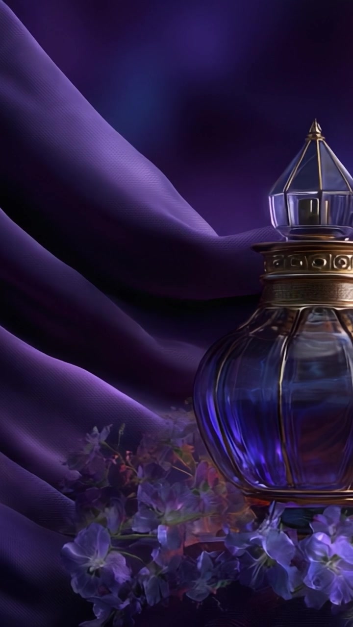 Elegante flacone di profumo in vetro circondato da delicati fiori viola su uno sfondo mistico di texture di tessuto liscio nelle tonalità del viola