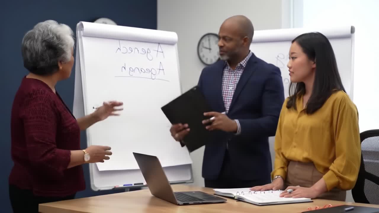 An Engaging Business Meeting: Professionals Collaborate on Strategic Planning and Ideas During a Dynamic Presentation in a Modern Office Setting