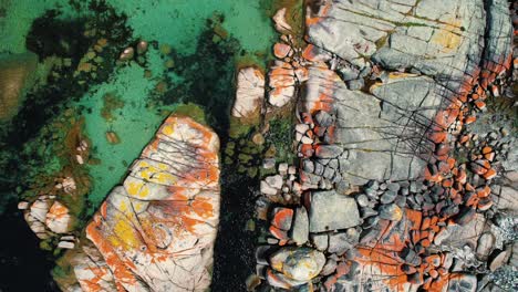 Bay-Of-Fires-Drone-View-of-Orange-Boulders-Tasmania,-Australia