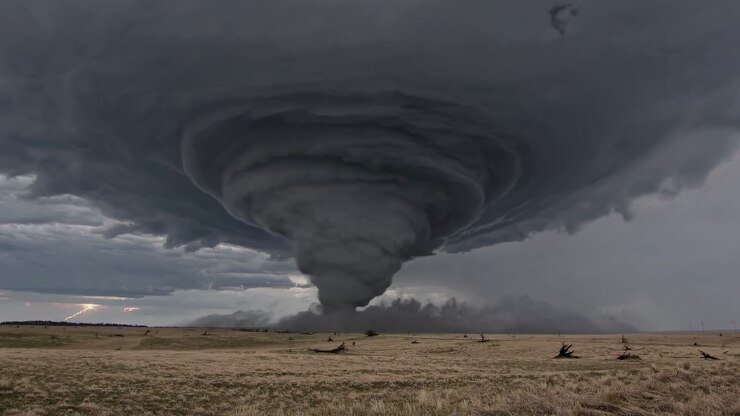 Dramatic wide-angle shot of a massive tornado touching down on a flat landscape, capturing the raw