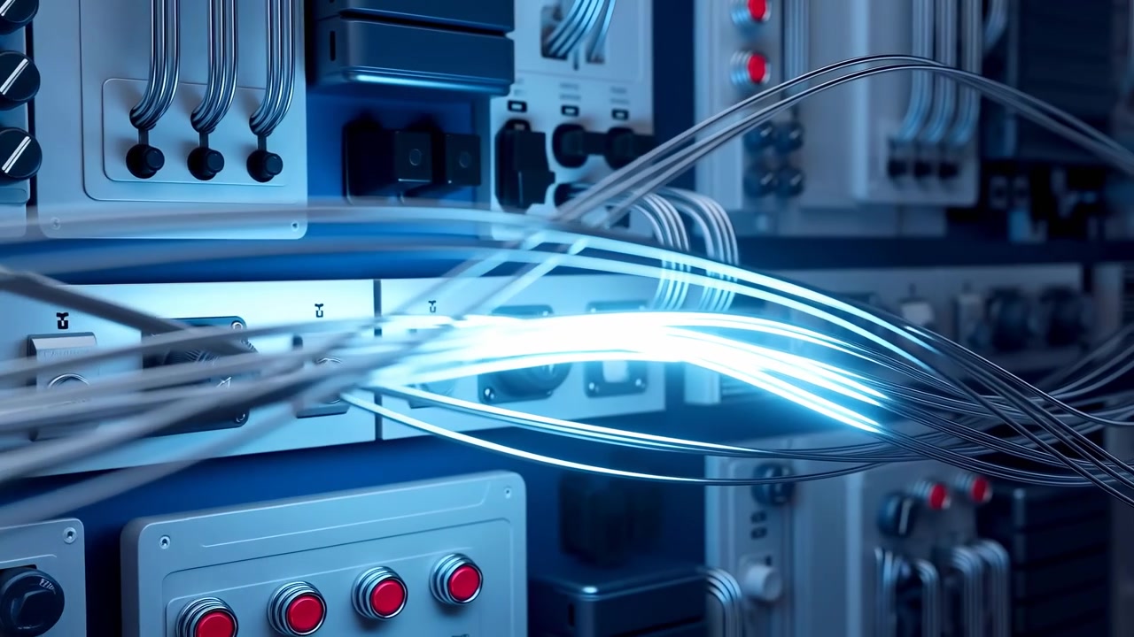 Bright flowing lines cross layered wiring and industrial controls while viewpoint shifts steadily to the right, revealing red buttons, metal housings, connectors, and cool blue light.