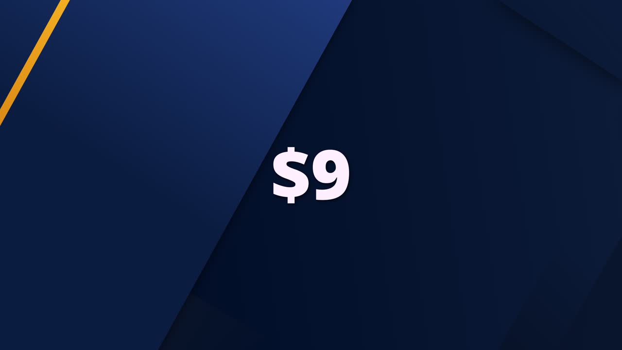 A modern and clean animated graphic showing a price tag of $9. Ideal for use in e-commerce, digital ads, promotions, and product highlight videos