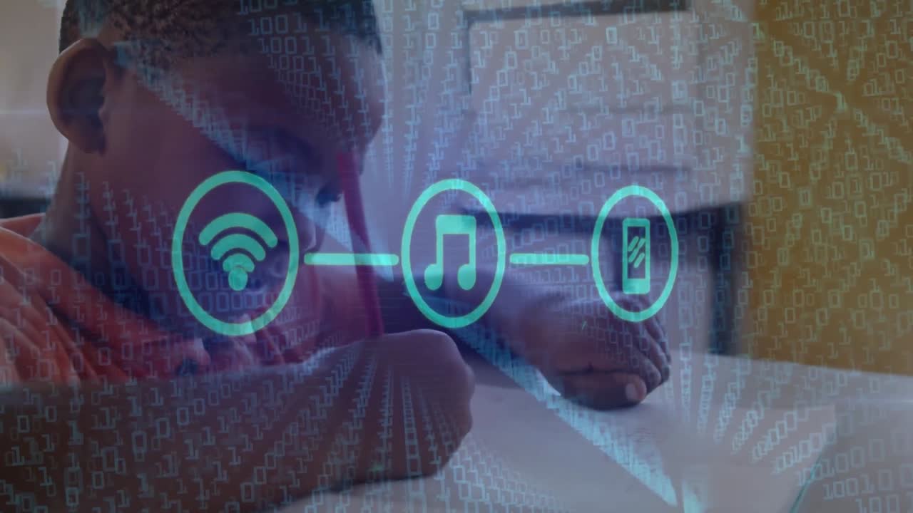 animación de iconos de medios conectados y datos sobre escolares afroamericanos en el aula