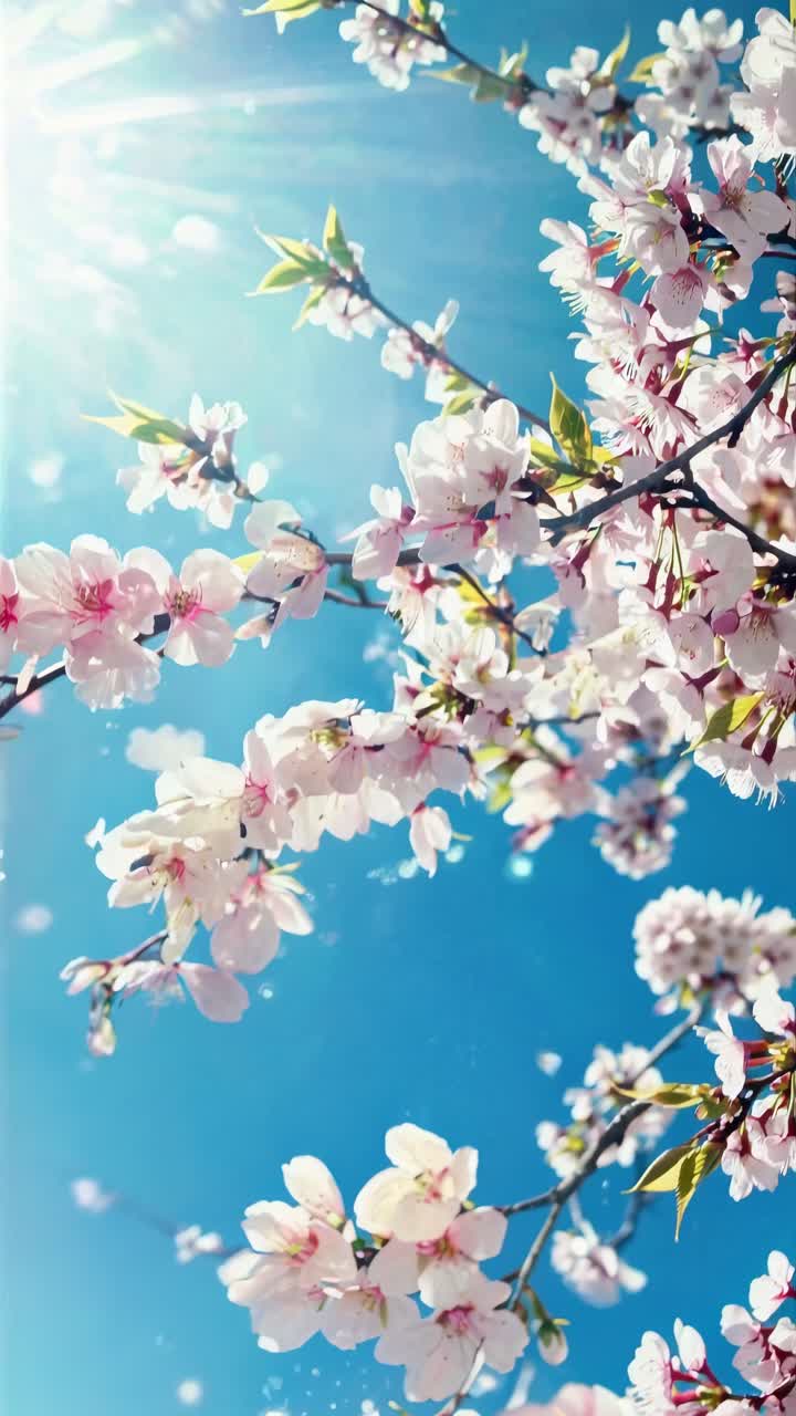 Close-up video of cherry blossoms against a bright blue sky, capturing a serene and dreamy