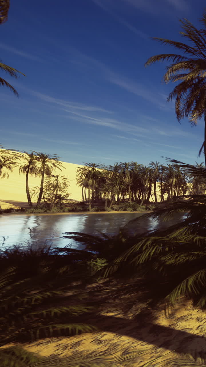 Paesaggio di oasi nel deserto con palme che si riflettono nell'acqua al tramonto.