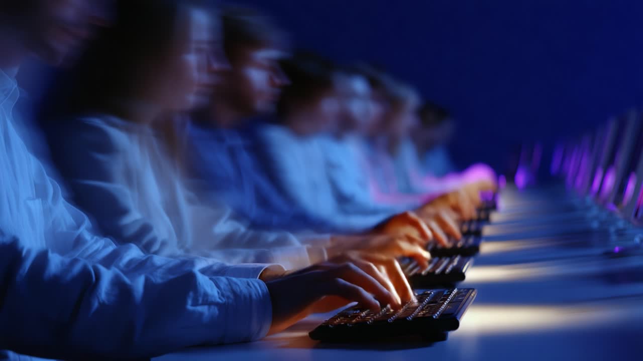 A Dynamic Scene of Focused Individuals Engaged in Typing at Computer Workstations, Capturing the Essence of Collaboration and Digital Interaction in a High-Tech Environment