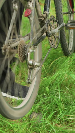 back view of bicycle parked in grassy field, someone in black trousers approaches, the person lifts the bike s rear and pedals, causing the tires to rotate, then stops at once