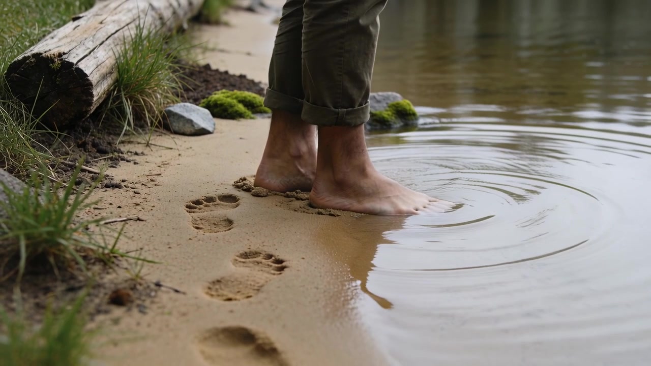 Seguendo le impronte, una persona con pantaloni verde oliva arrotolati entra nel lago, creando increspature.