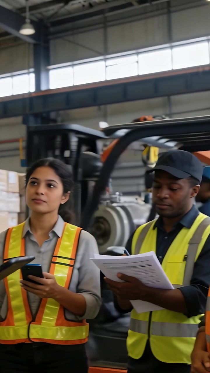 Vertical video: Leading lead in vest using tablet, briefing crew pre-shift in warehouse, copy space