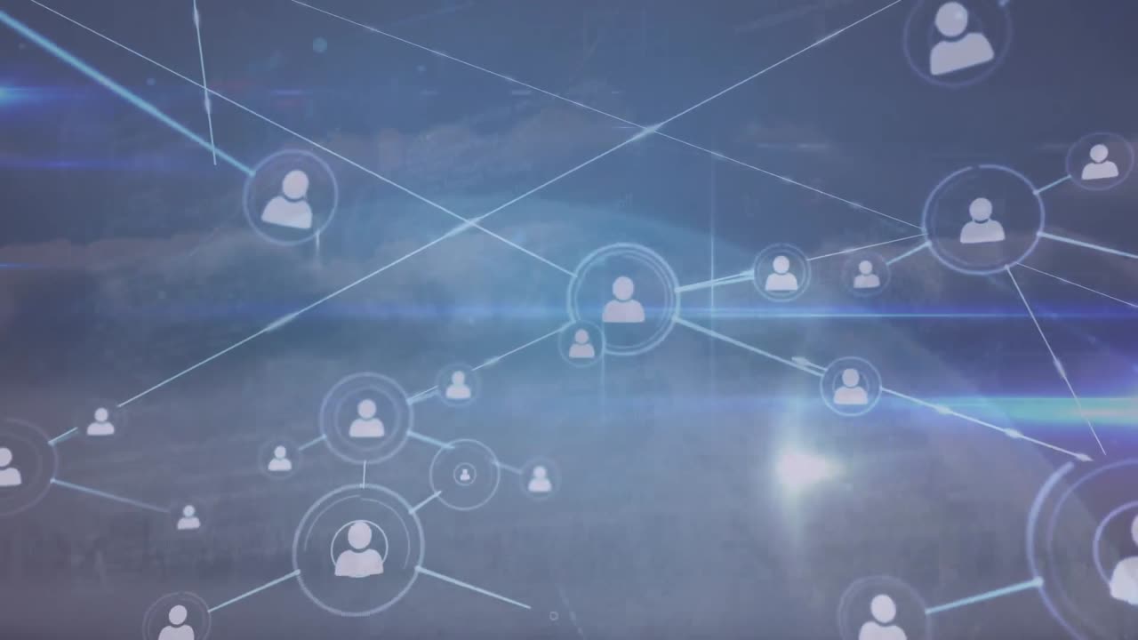 Animation of network of connections and globe over cityscape