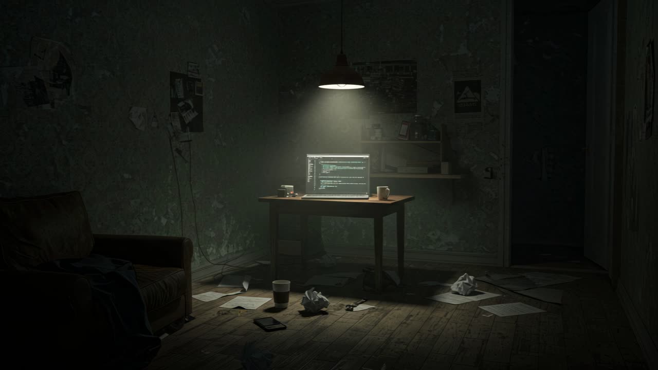 Wandering through a shadowy room that is overflowing with a variety of coding resources, all within a cluttered and chaotic workspace