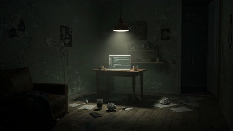 wandering through a shadowy room that is overflowing with a variety of coding resources, all within a cluttered and chaotic workspace