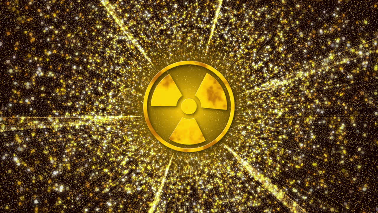 Radiation hazard sign. Yellow glow with small flying particles. Nuclear energy. Looped animated background.