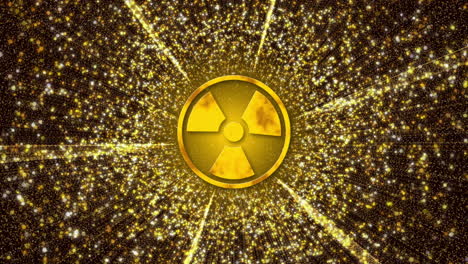 radiation hazard sign. yellow glow with small flying particles. nuclear energy. looped animated background.