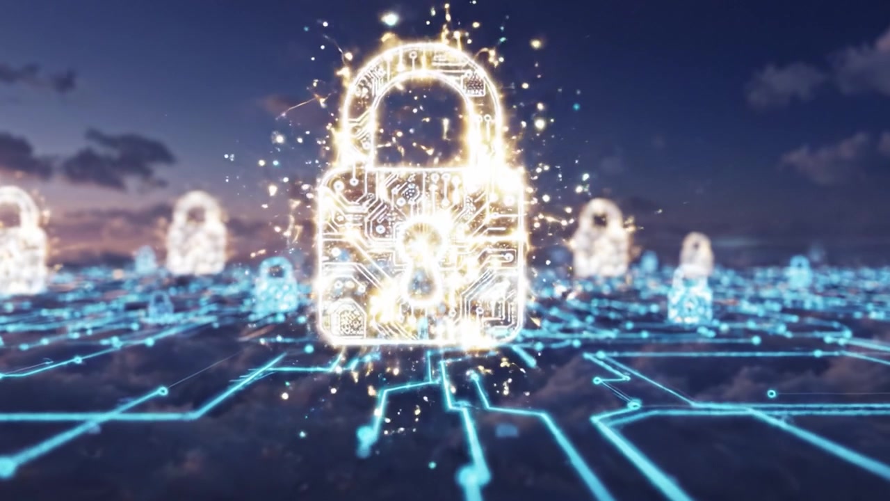 A Stunning Transformation from Serene Clouds to a Digital Landscape of Layered Security Locks Symbolizing Cyber Protection and Connectivity