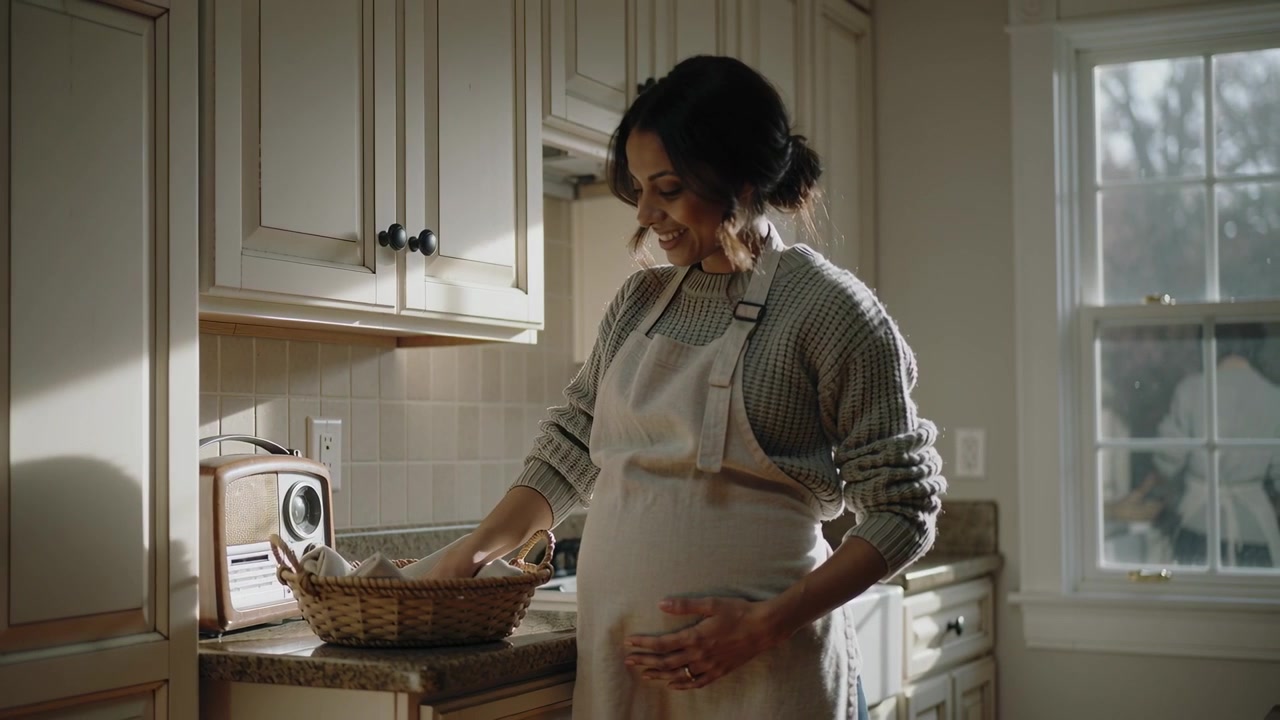 Reaching toward wicker basket, pregnant mum smoothing linens at counter in apron
