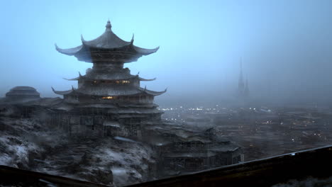 a foggy cityscape with a japanese temple in the foreground