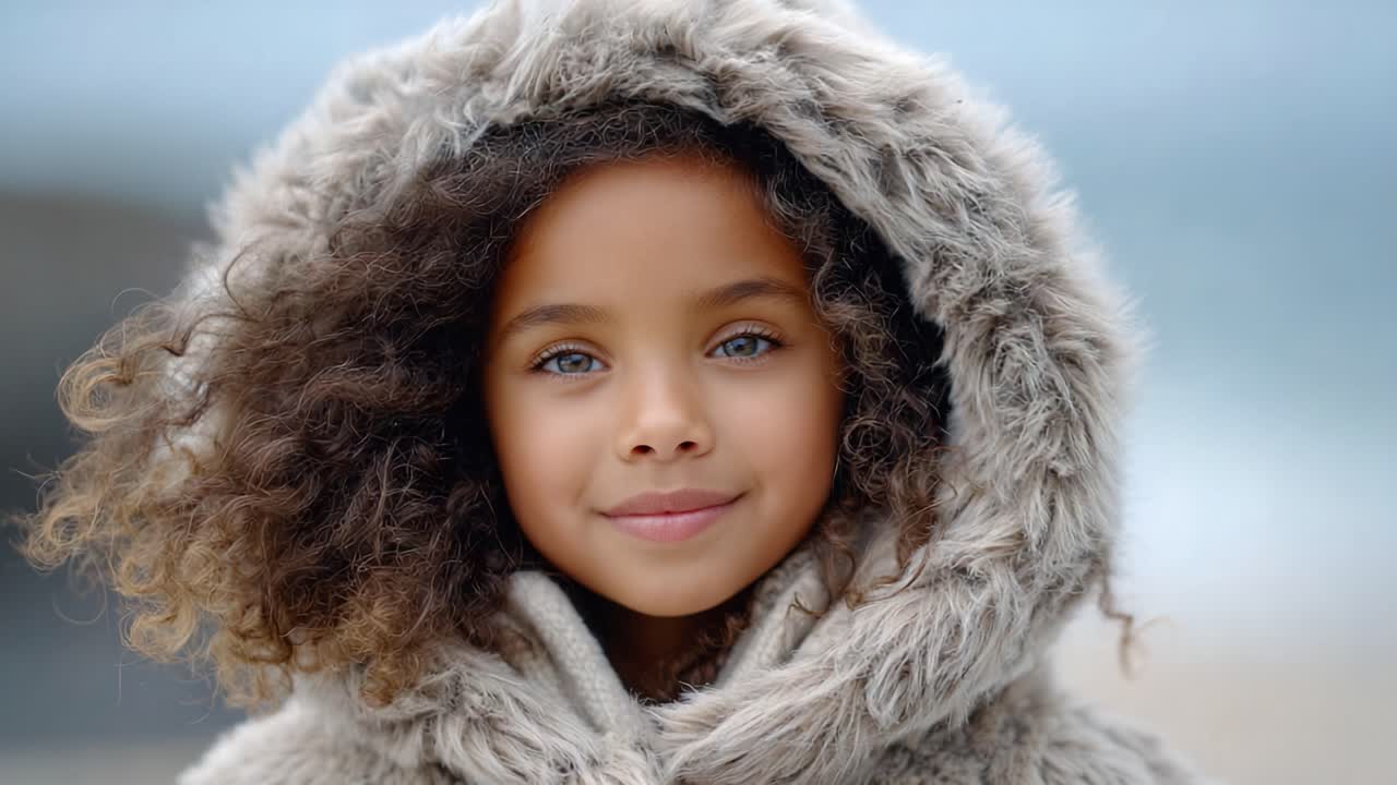 A Charming Young Girl Smiles Warmly While Wearing a Cozy Fur Hood, Radiating Joy and Innocence Against a Soft Focus Background