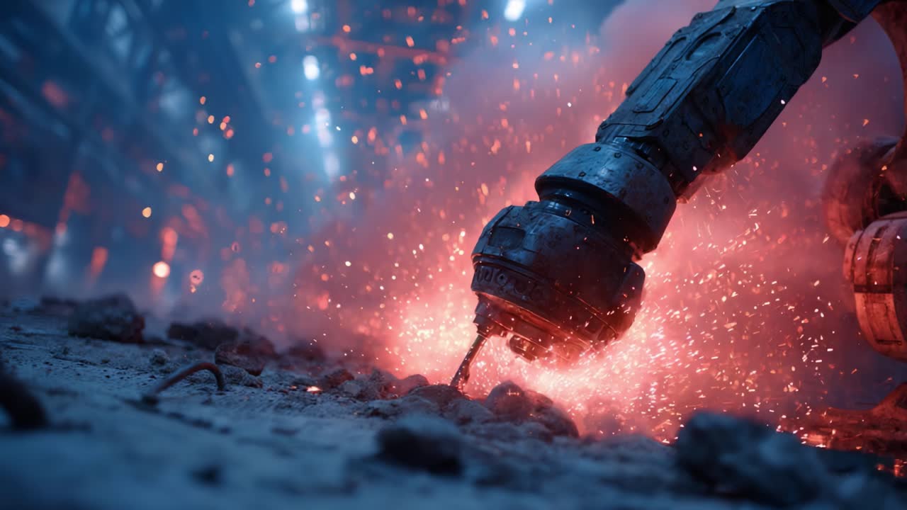 A Powerful Robotic Arm Engages in Intense Metalworking, Generating Sparks and Flames Amongst a High-Tech Industrial Environment