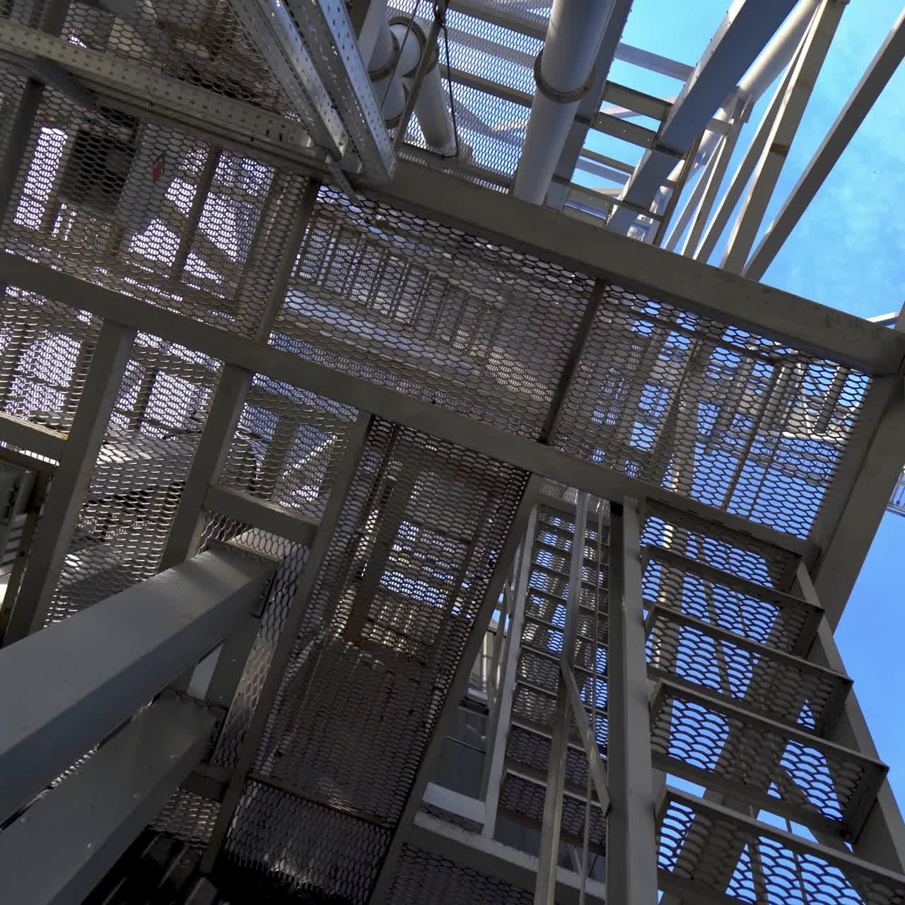 Steel frame construction on a factory. Modern storehouse construction. Metal structures of stairs rising up. Industrial plant.