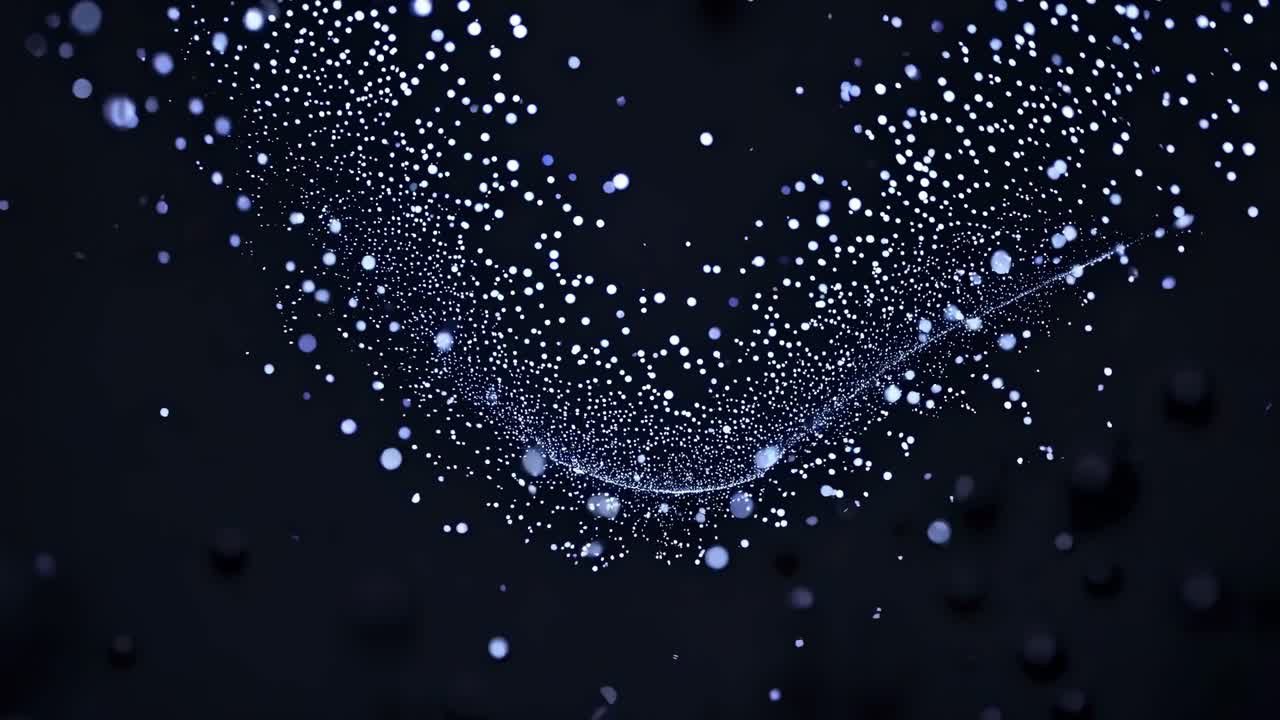 Mystical particle dance animation revealing dynamic, luminous energy patterns swirling against dark cosmic background with seamless, mesmerizing visual flow