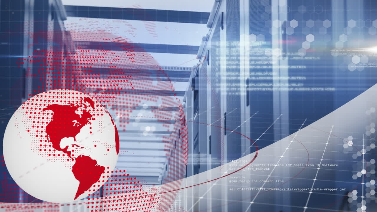 コンピュータサーバールームに対する回転する地球,データ処理,ライトスポットのアニメーション