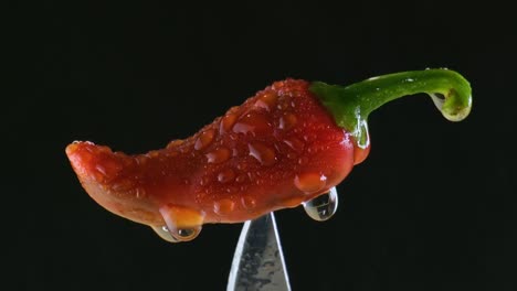 water droplets spraying over spicy red chilli on silver knife blade isolated against black background