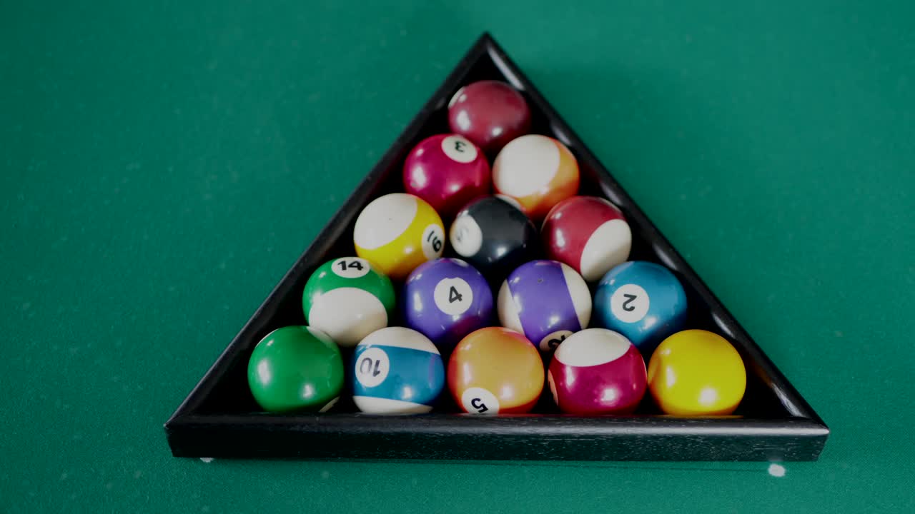 Pool Balls in a Triangle Rack on a Green Table