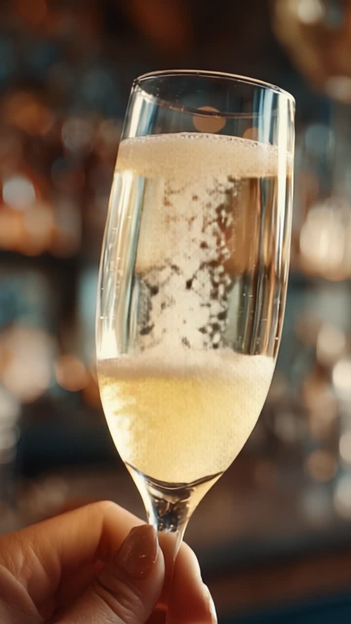 Un bellissimo bicchiere di bevanda frizzante con bollicine intricate brilla intensamente in un ambiente elegante, perfetto per momenti di festa e occasioni speciali.