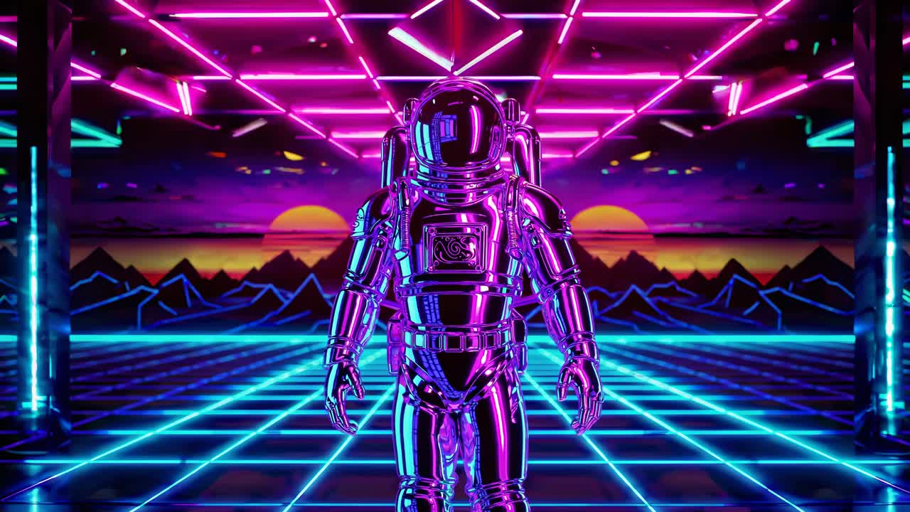 Astronauta retro-futuristico nello spazio al neon