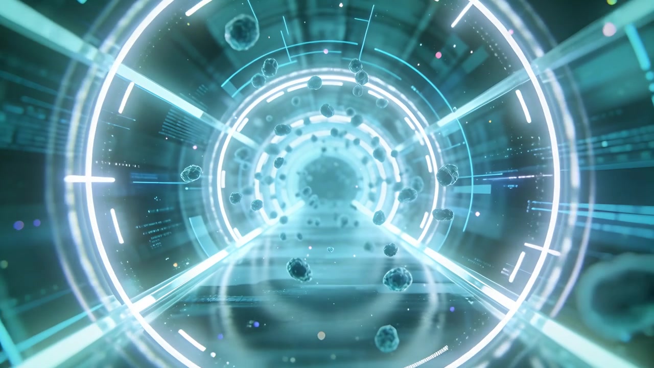 Clip starting, camera moving through glowing ring tunnel toward bright core, showing orb particles