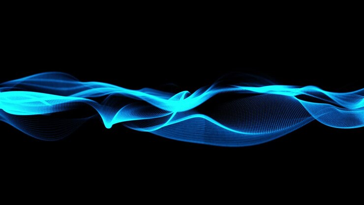 Illustrazione 3D astratta di innovazione tecnologica futuristica: onda di fumo, curva a spirale e flusso con effetto di sovrapposizione blu su sfondi isolati