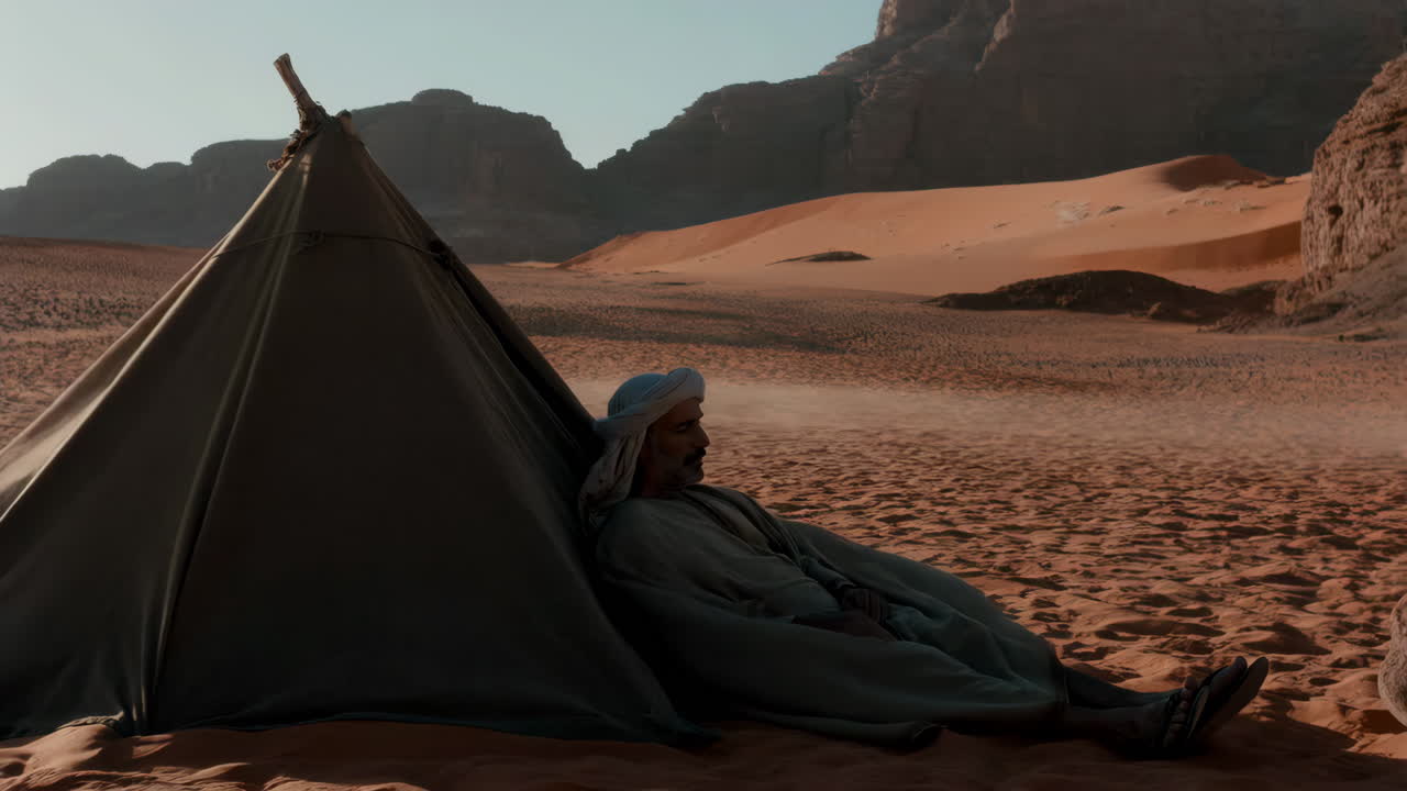 Man rests by a tent in the vast desert