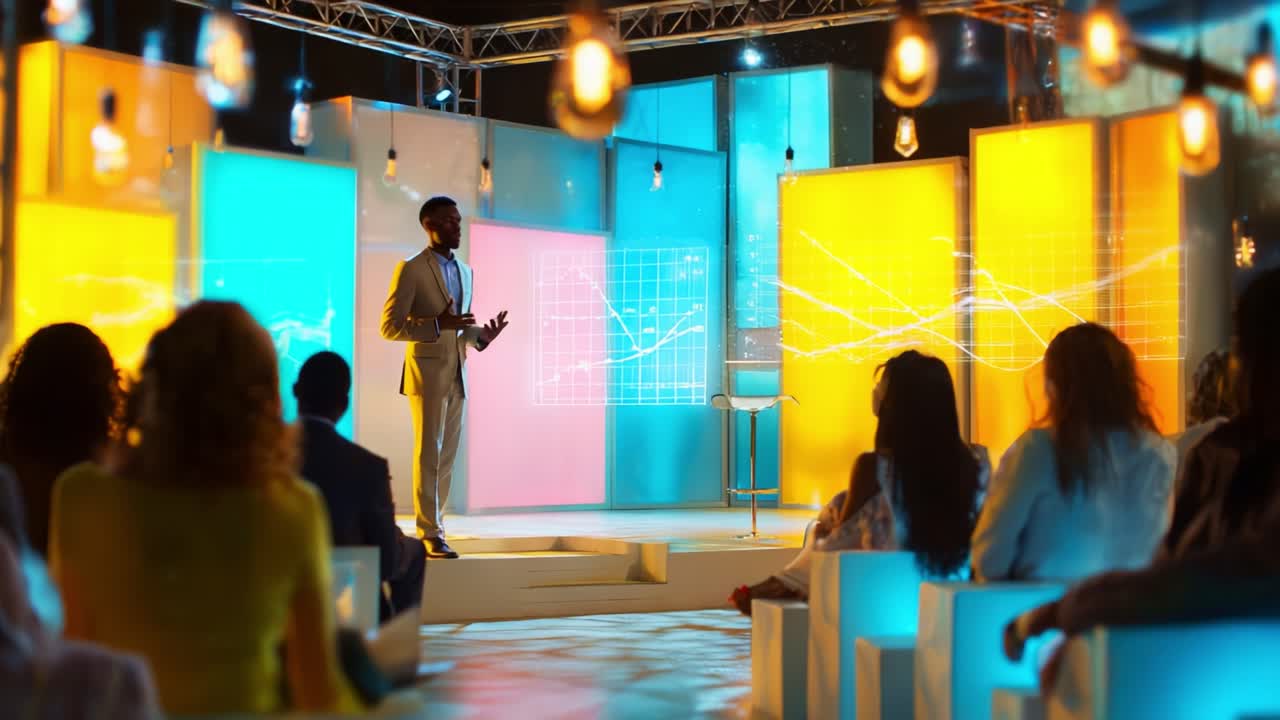 Dynamic Public Speaking Event Showcasing Engaging Presentation with Modern Visuals and Enthusiastic Audience Interaction in a Colorful Setting with Graphical Elements