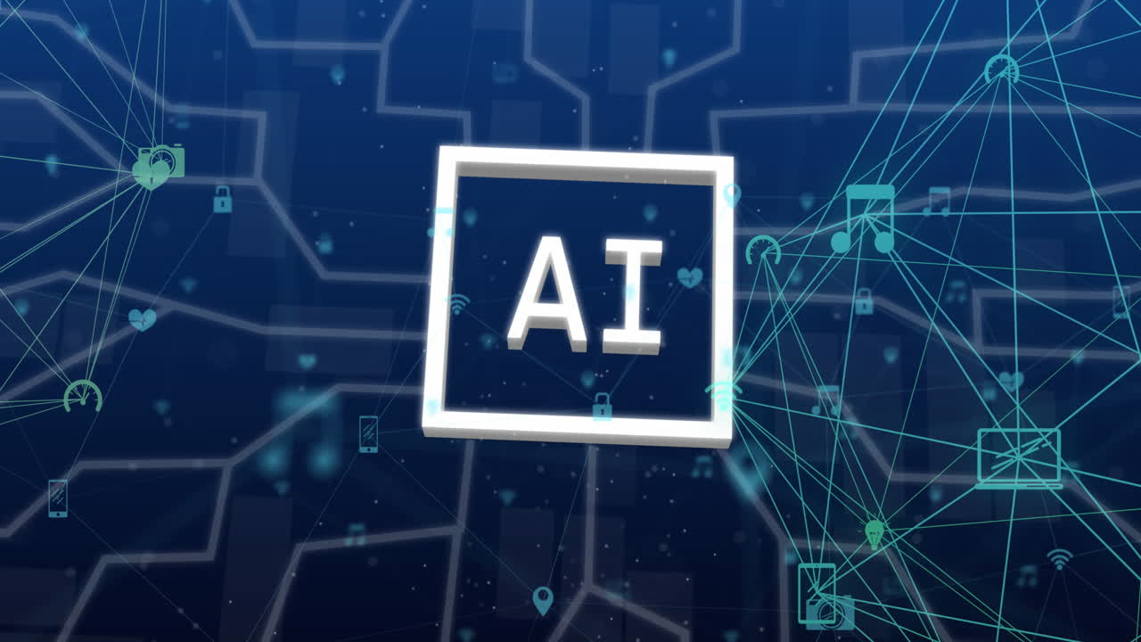 animación de un procesamiento de datos con iconos y red de conexiones