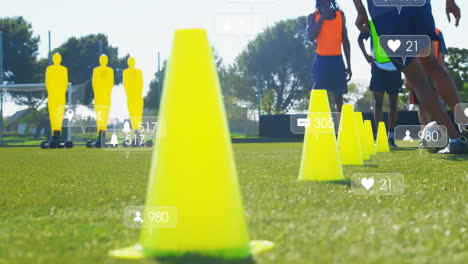 animación del procesamiento de datos digitales sobre diversos jugadores de fútbol en el campo