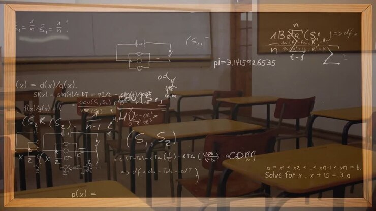 Animation of mathematical equations on blackboard over empty classroom