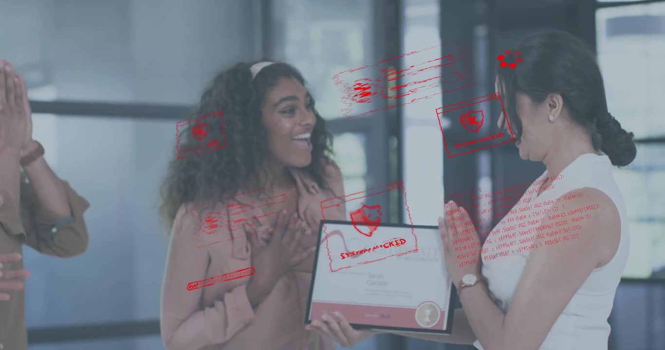 Office technology team noticing red hack alerts floating ahead and celebrating certificate award