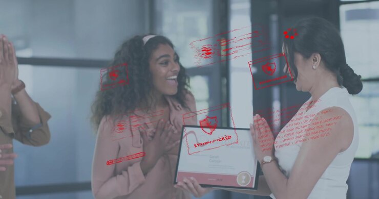 Office technology team noticing red hack alerts floating ahead and celebrating certificate award